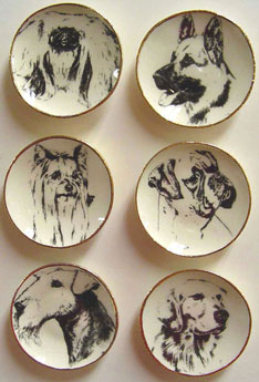 Dollhouse Miniature 6 Black/White Dog Plates